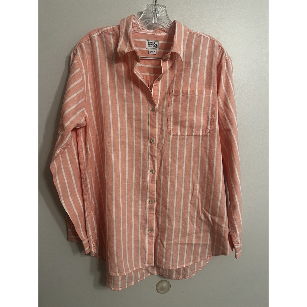 Eddie Bauer Womens Pink White Striped Hemp/Cotton Button Top Shirt Size M